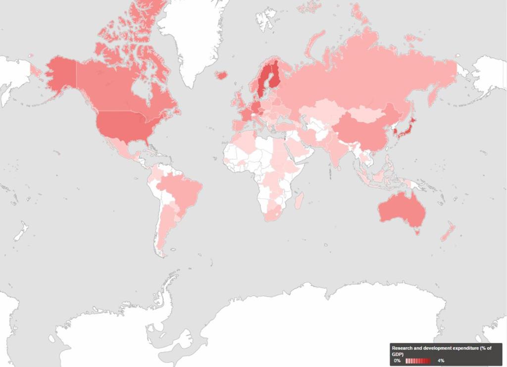 Research and development expenditure (% of GDP) 2009-2013. Source: The World Bank.