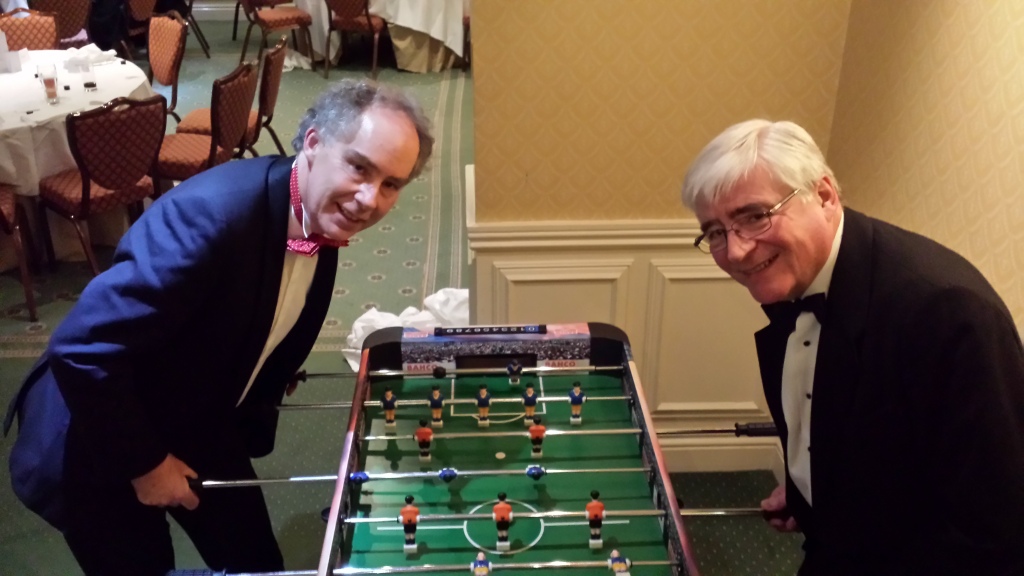 Playing table football at the North East annual dinner with Teesside Member Group Chair, Adrian Northey